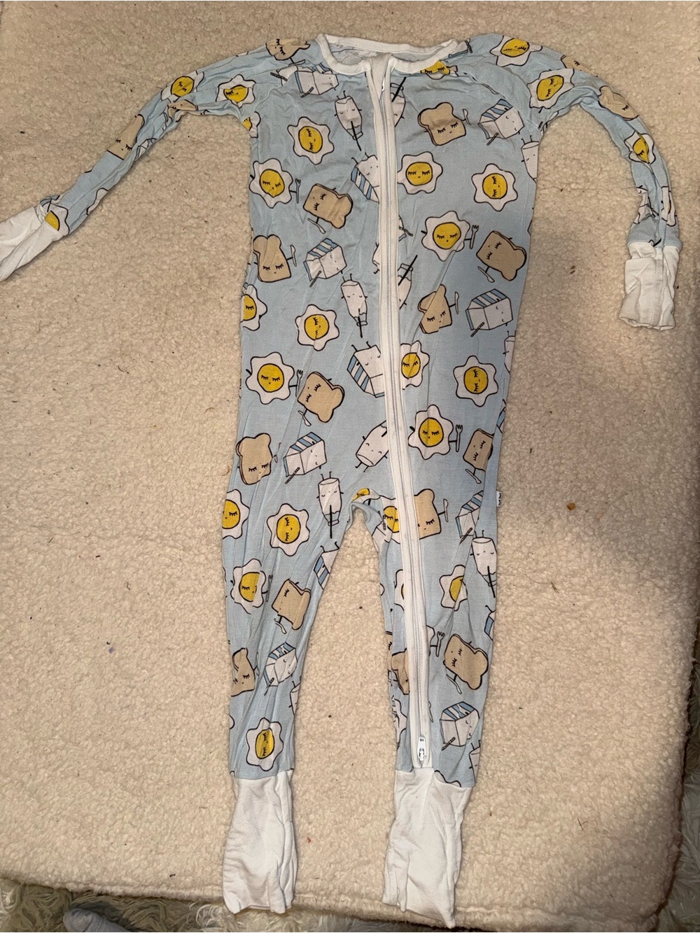 Little Sleepies Light Blue Footed One-Piece with Breakfast Cartoon Print